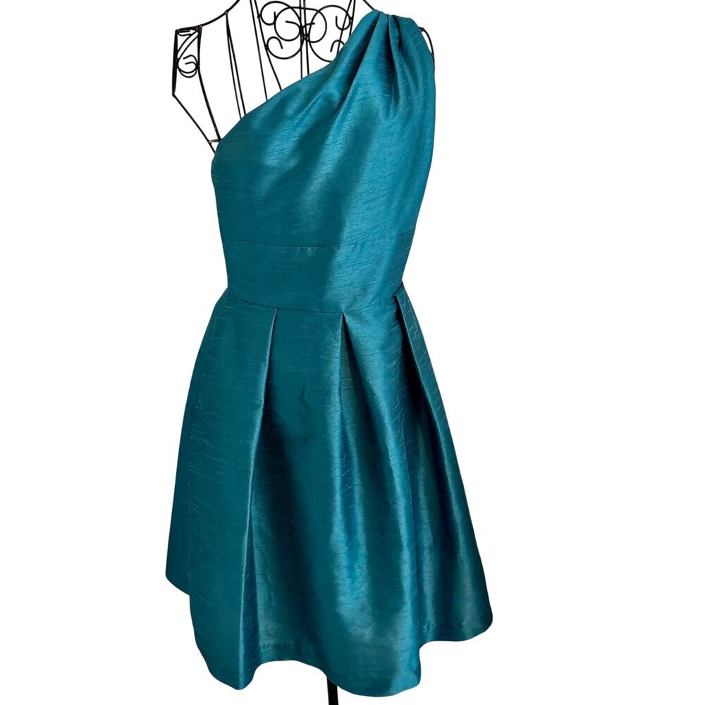 Vintage Y2K Alfred Sung Teal Raw Silk Look Pleated 1 Shoulder Dress Glam Luxury